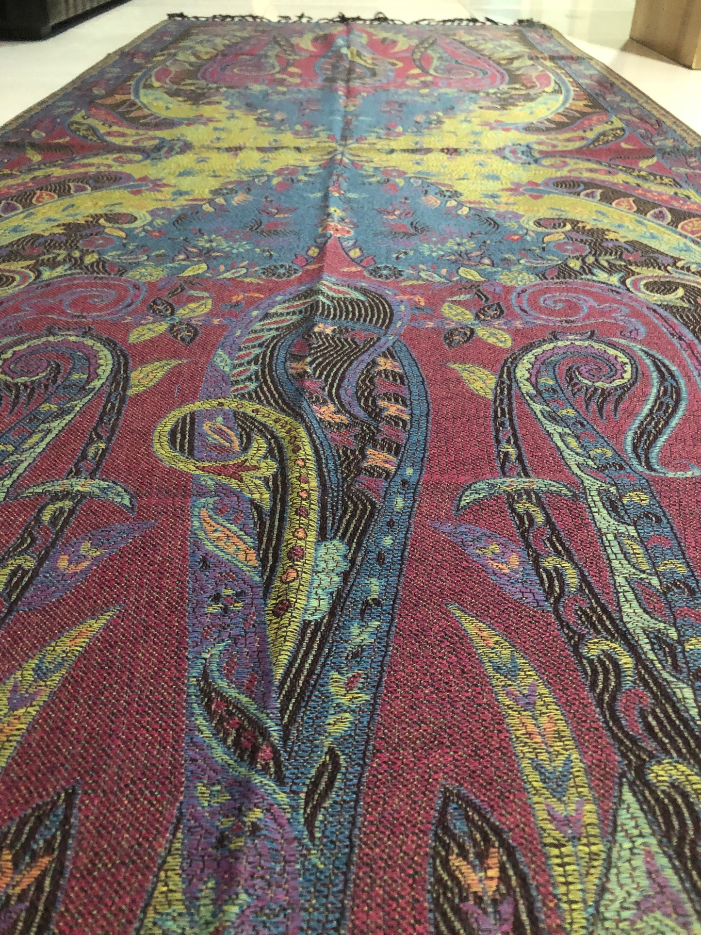 Vibrant Reversible Floral Jacquard Pashmina Stole - Red, yellow & Blue