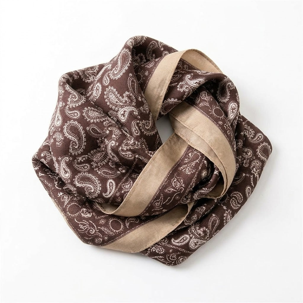 Satin Bandana Scarf | Brown Patchwork Paisley Foulard | 65x65 cm Silky Polyester Neck Scarf | Chic Head Scarf for Women