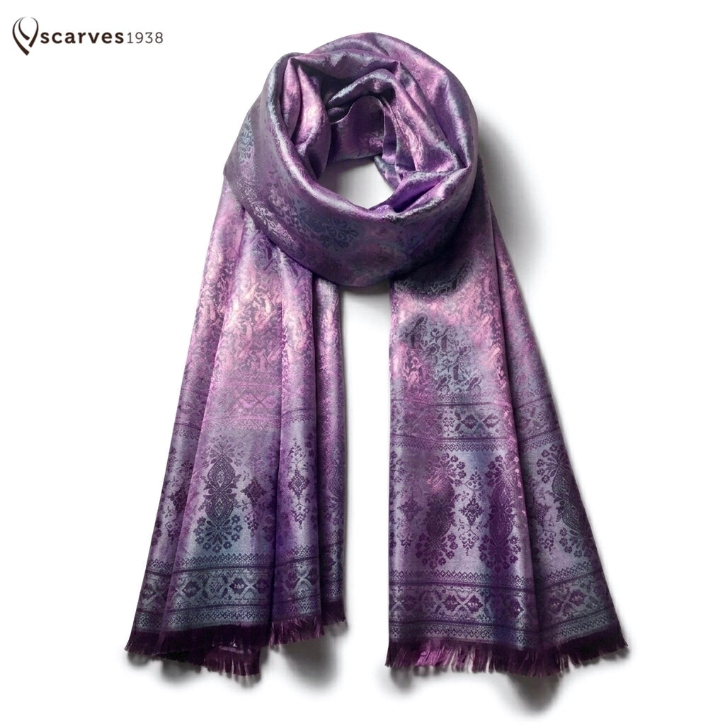 Antique Pink Purple Silk Scarf - Paisley Print Shaw - Bohemian Wrap for Her