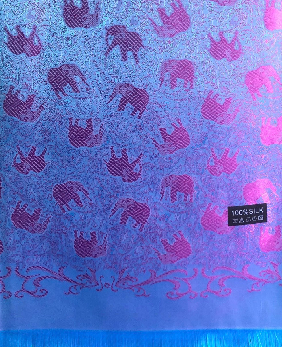 Vibrant Blue And Magenta Silk Scarf - Contrast Elephants Shawl - Rave Accessory