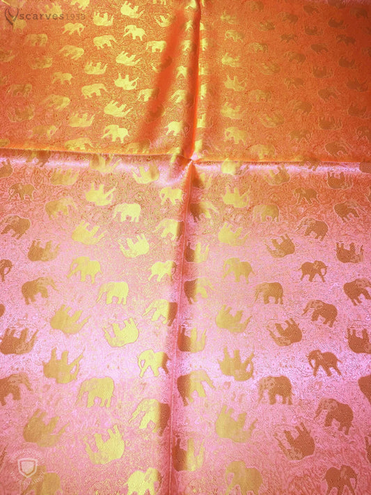 Orange Silk Scarf - Gift For Her - Elephants Pattern Soft Shawl