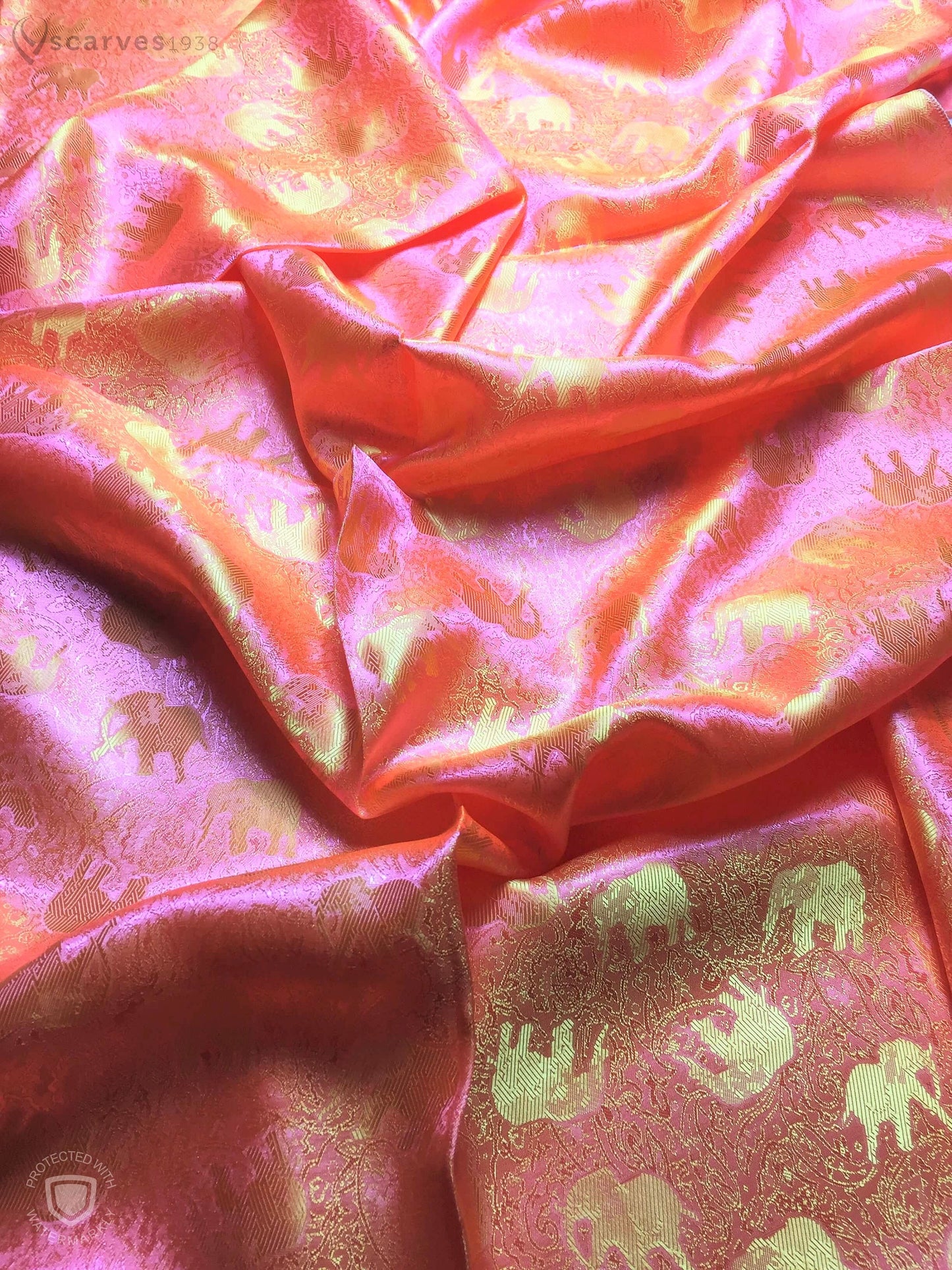 Orange Silk Scarf - Gift For Her - Elephants Pattern Soft Shawl