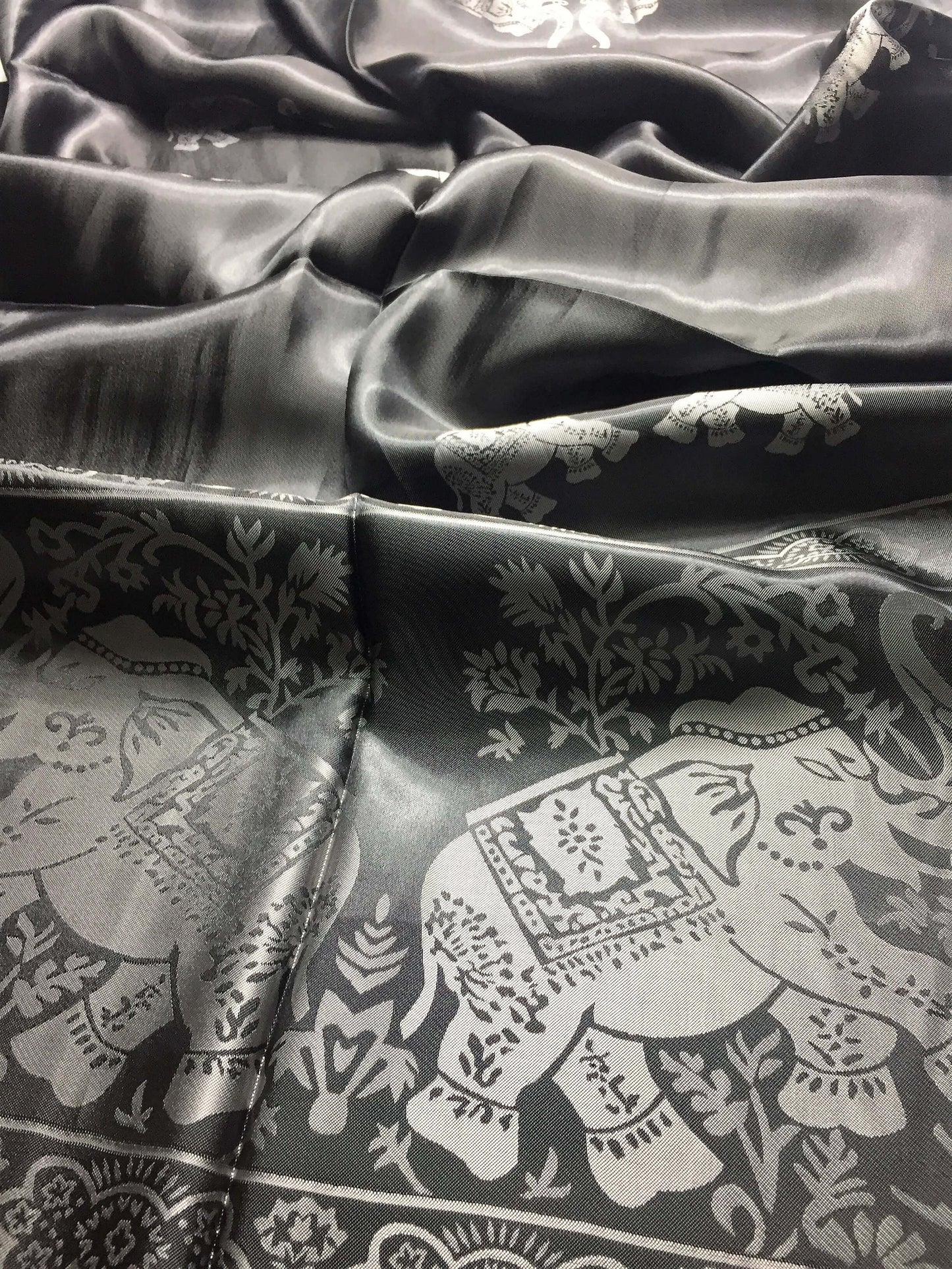 Silk Scarf For Her Reversible Black Elephant