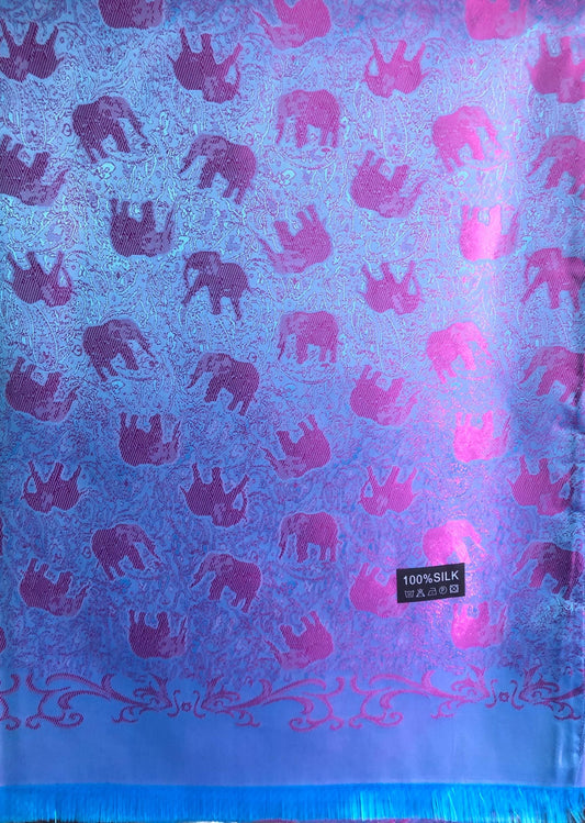 Vibrant Blue And Magenta Silk Scarf - Contrast Elephants Shawl - Rave Accessory