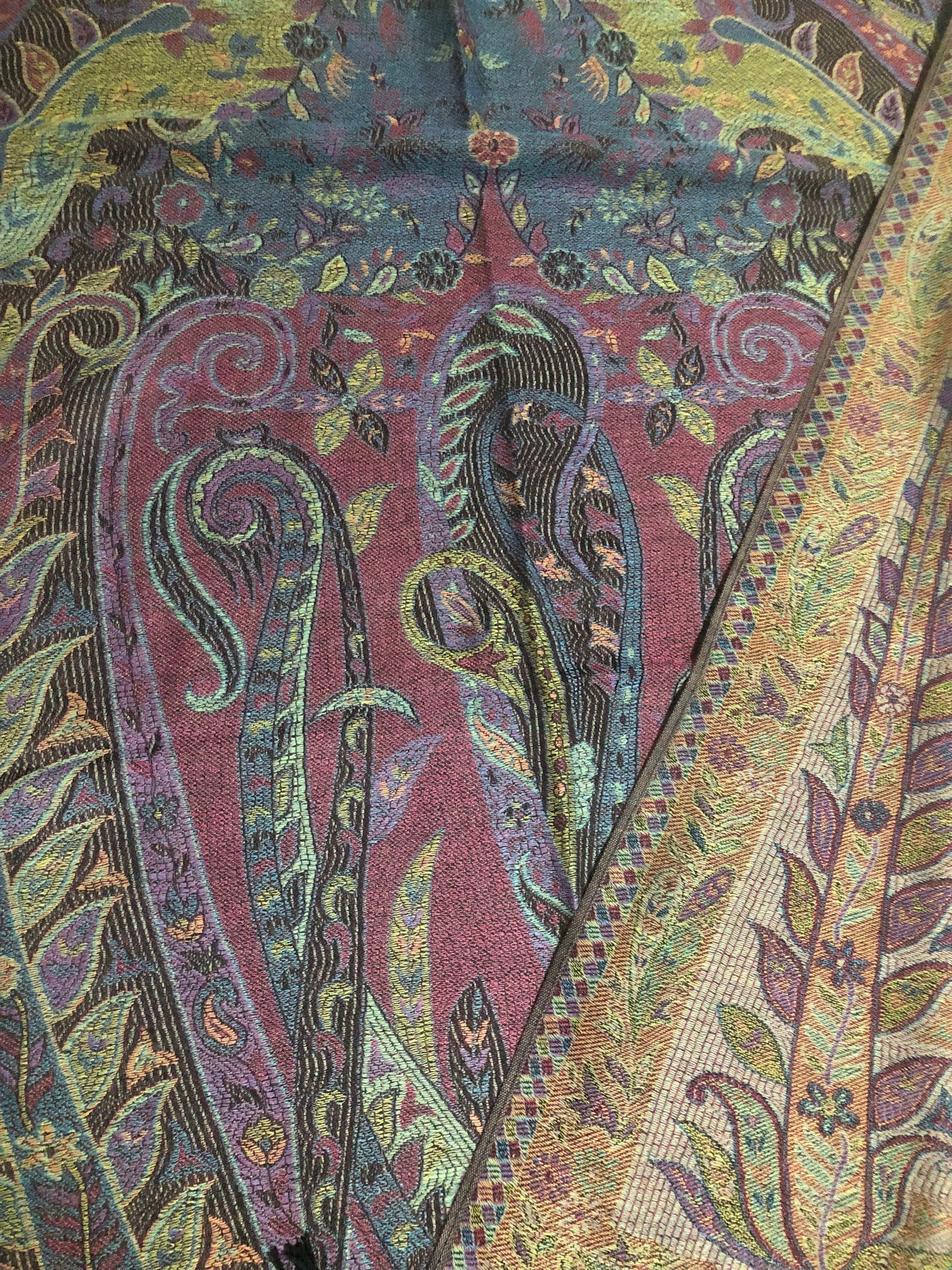 Vibrant Reversible Floral Jacquard Pashmina Stole - Red, yellow & Blue⁠