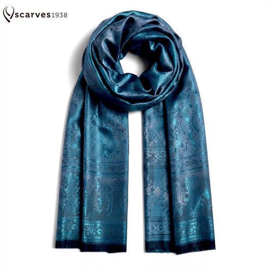Blue Silk Scarf | Reversible Paisley shawl | Elegant Silk Scarf