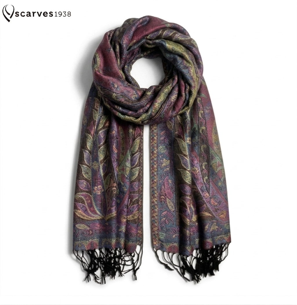 Vibrant Reversible Floral Jacquard Pashmina Stole - Red, yellow & Blue⁠