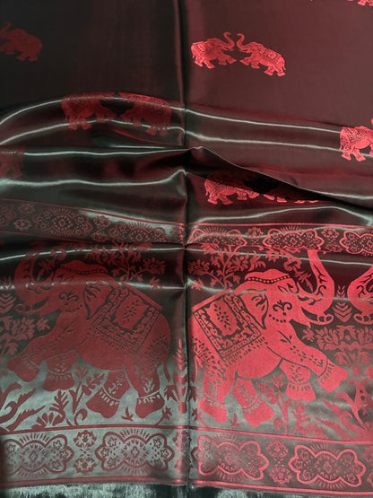 Reversible Burgundy & Black Silk Elephant Motif Scarf