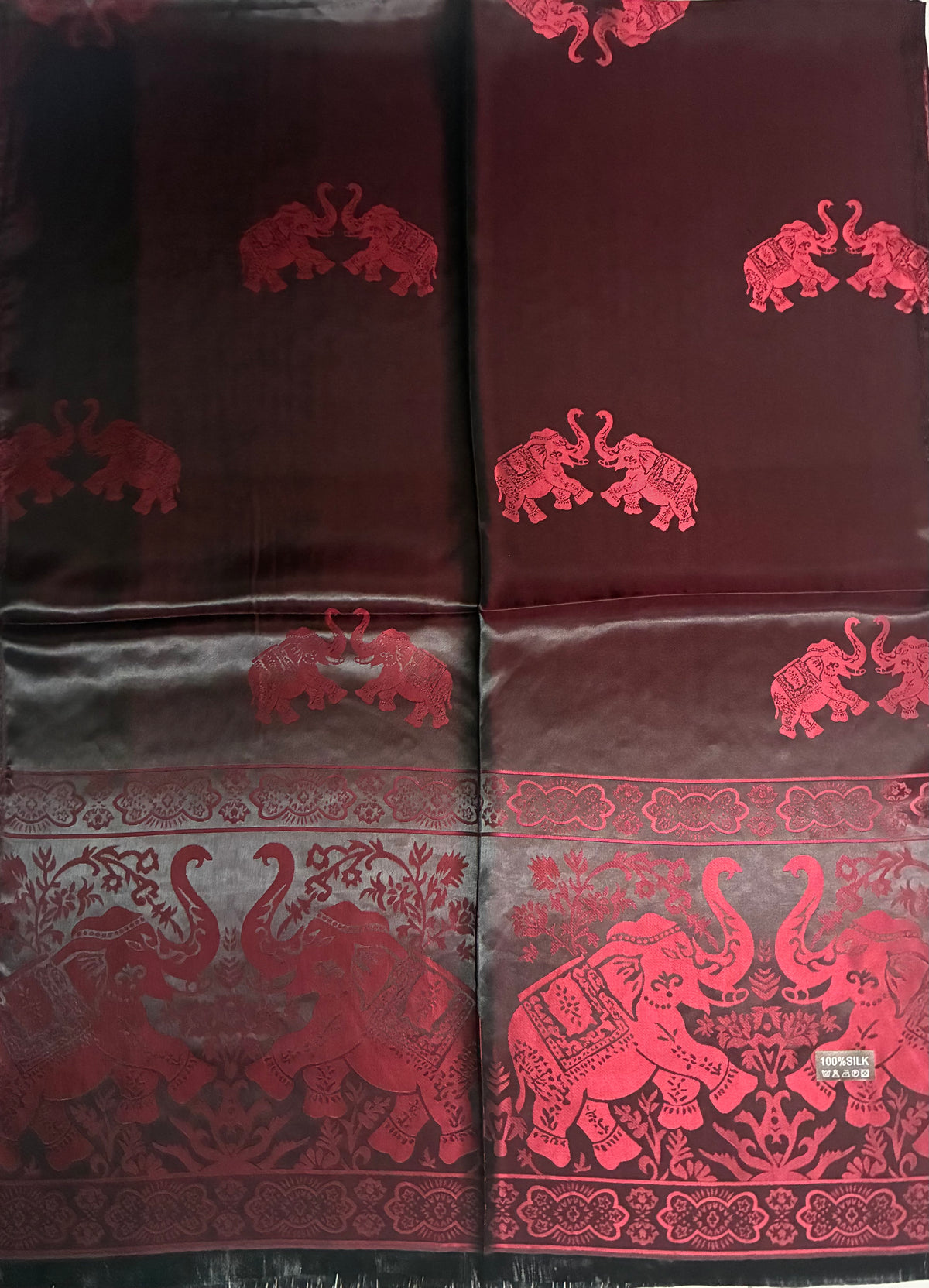 Reversible Burgundy & Black Silk Elephant Motif Scarf