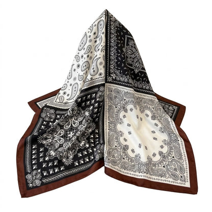 Brown Patchwork Paisley Satin Bandana Scarf | 65x65 cm Luxury Silk-Feel Foulard⁠