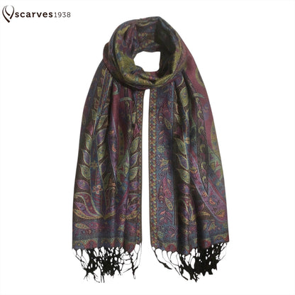 Vibrant Reversible Floral Jacquard Pashmina Stole - Red, yellow & Blue⁠