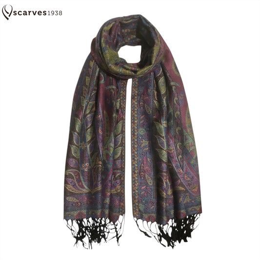 Vibrant Reversible Floral Jacquard Pashmina Stole - Red, yellow & Blue⁠