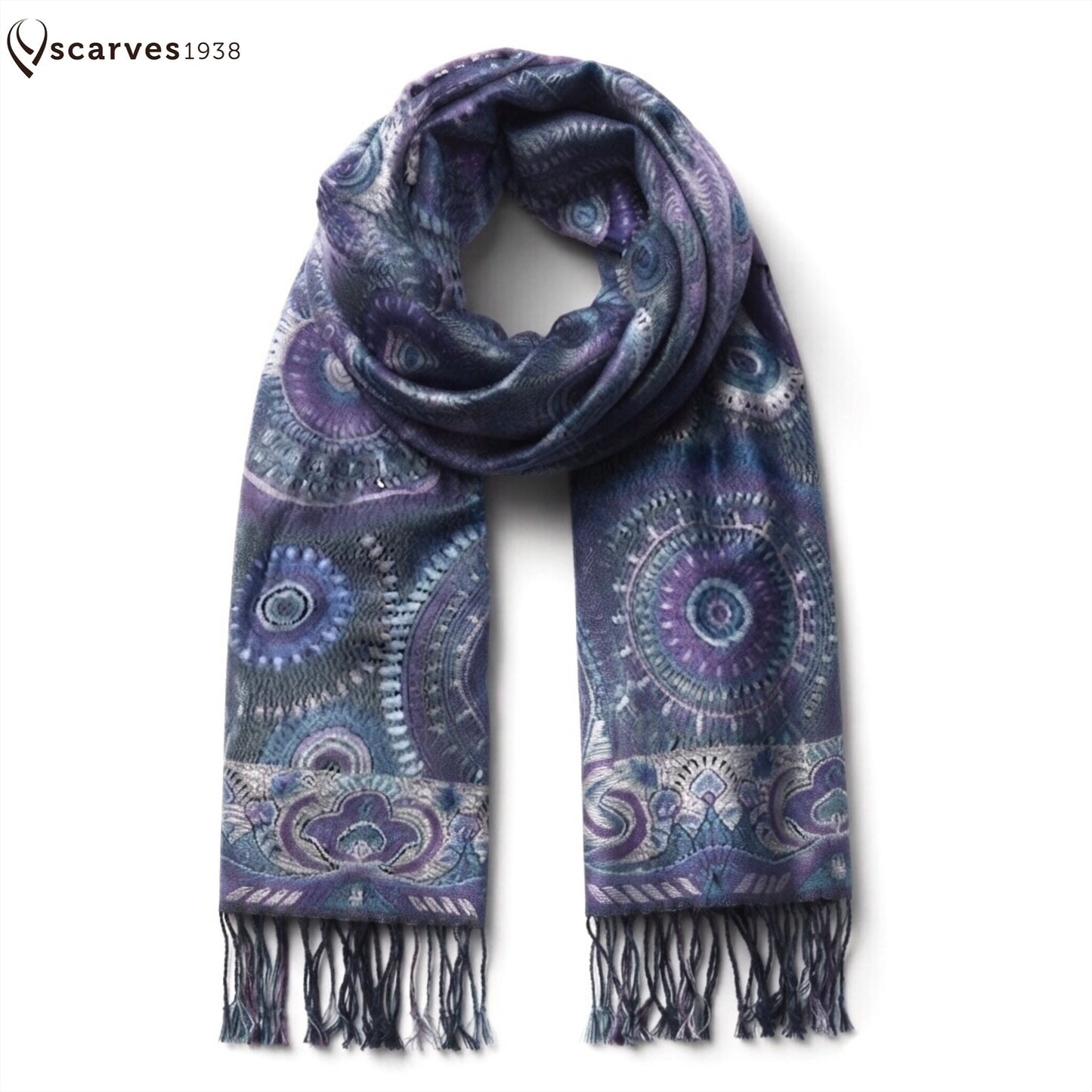Blue & Purple Mandala Pashmina - Bohemian Festival Shawl - Unisex Hippie Circle Scarf