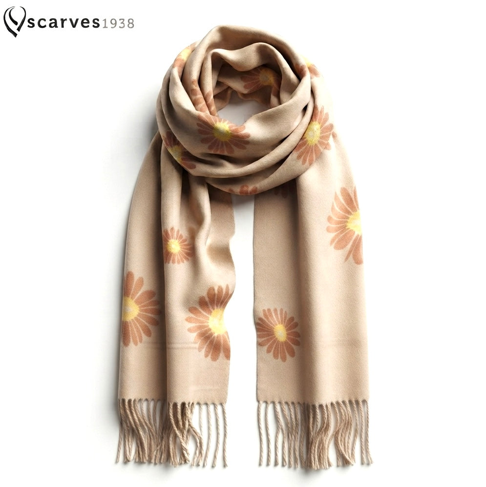 Elegant Floral Cashmere Scarf – Premium Sand Colored Wrap