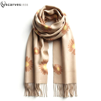 Elegant Floral Cashmere Scarf – Premium Sand Colored Wrap