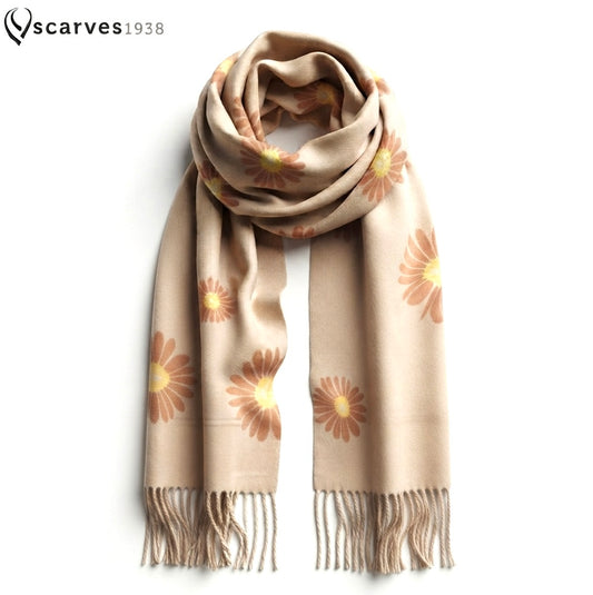 Elegant Floral Cashmere Scarf – Premium Sand Colored Wrap
