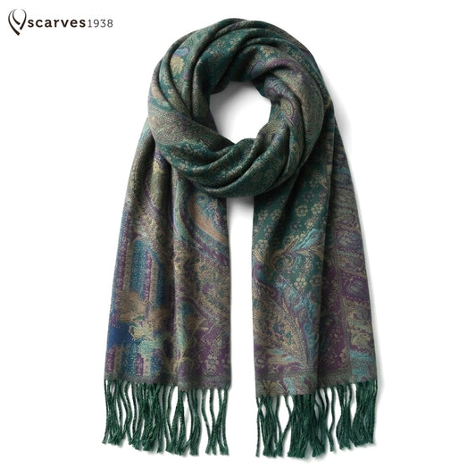 Green and Purple Paisley Pashmina Scarf | Sage and Plum Festival Shawl | Bohemian Rave Wrap | Hippie Style Stole | Unique Gift for Her