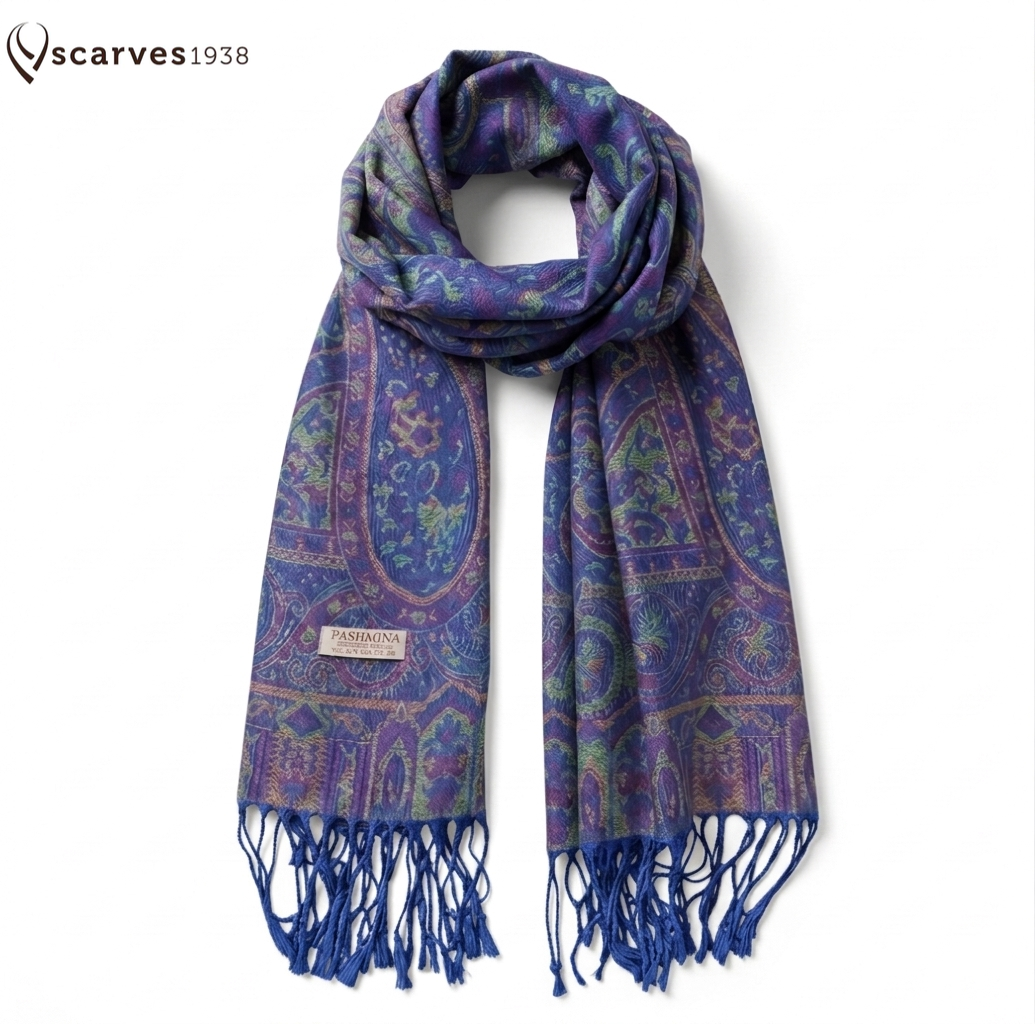 Elegant Reversible Paisley Jacquard Pashmina Stole - Blue & Purple⁠