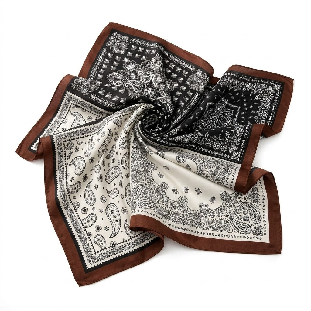 Brown Patchwork Paisley Satin Bandana Scarf | 65x65 cm Luxury Silk-Feel Foulard⁠