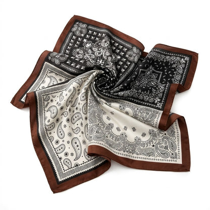 Brown Patchwork Paisley Satin Bandana Scarf | 65x65 cm Luxury Silk-Feel Foulard⁠