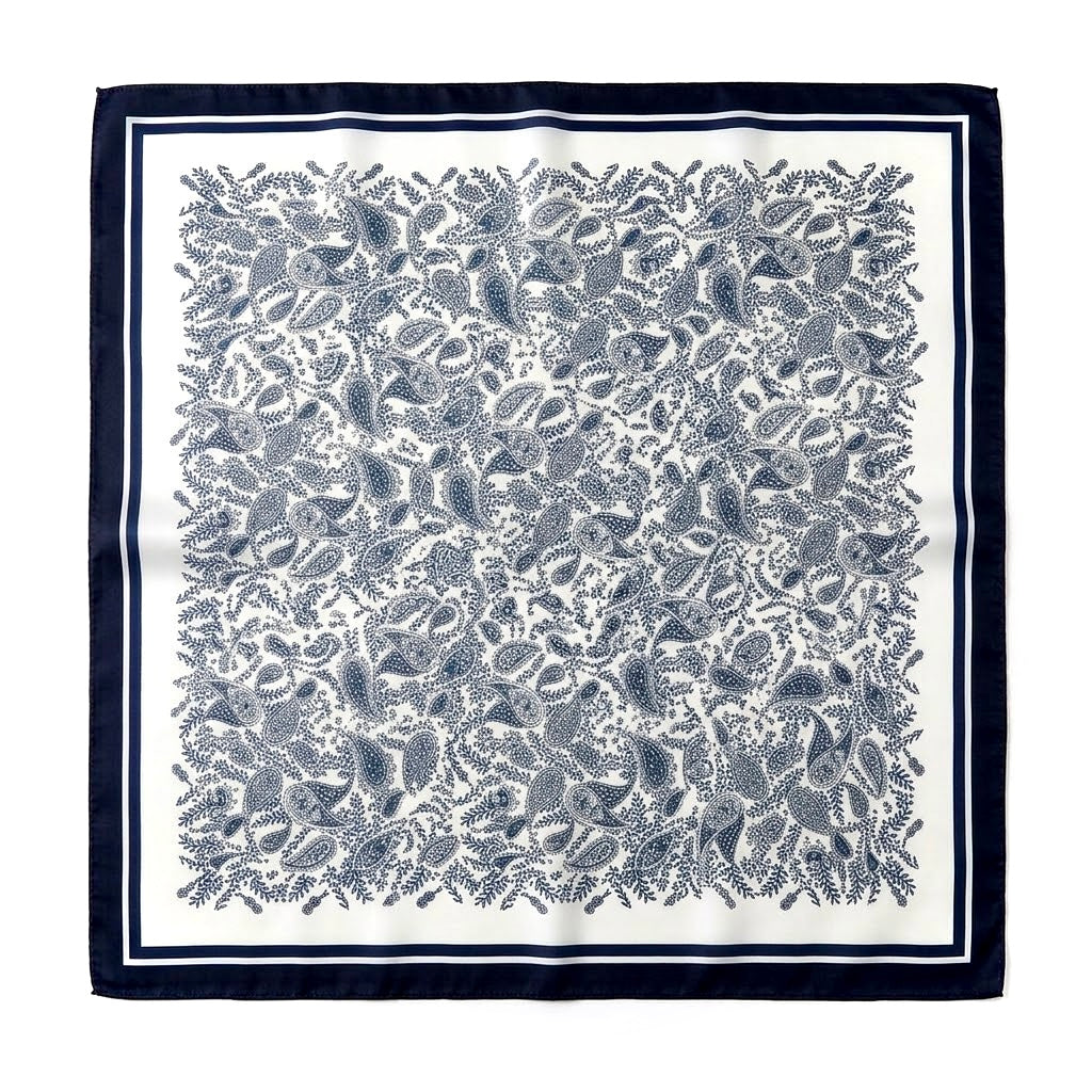 Dark Blue & White Geometric Satin Bandana Scarf | 65x65 cm Luxury Silk-Feel Foulard⁠