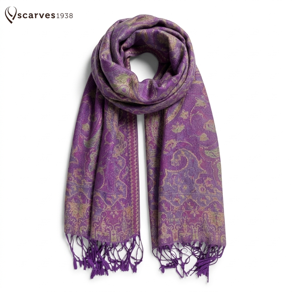 Vibrant Reversible Paisley Jacquard Pashmina Scarf - Purple & Gold⁠