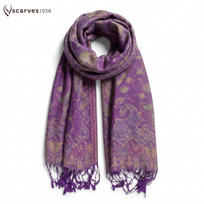 Vibrant Reversible Paisley Jacquard Pashmina Scarf - Purple & Gold⁠