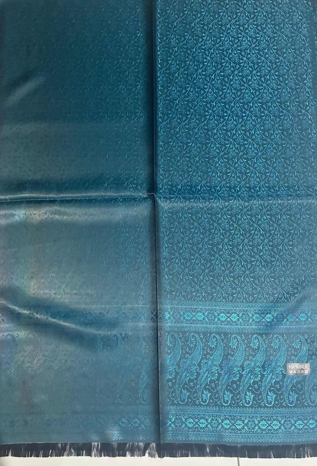 Teal Silk Jacquard Stole with Paisley Details