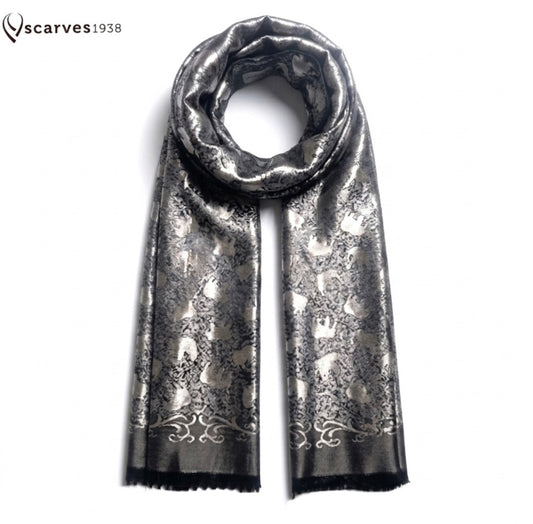 Thai Silk Scarf – Grey Elephant design – Lightweight Wrap