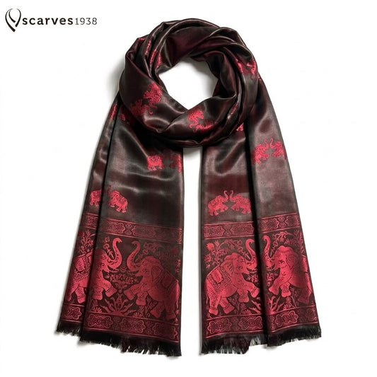 Reversible Burgundy & Black Silk Elephant Motif Scarf