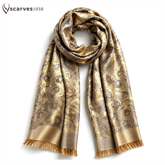 Gold Reversible Flowers Silk Scarf - Gift For Her - Bridesmaid Shawl