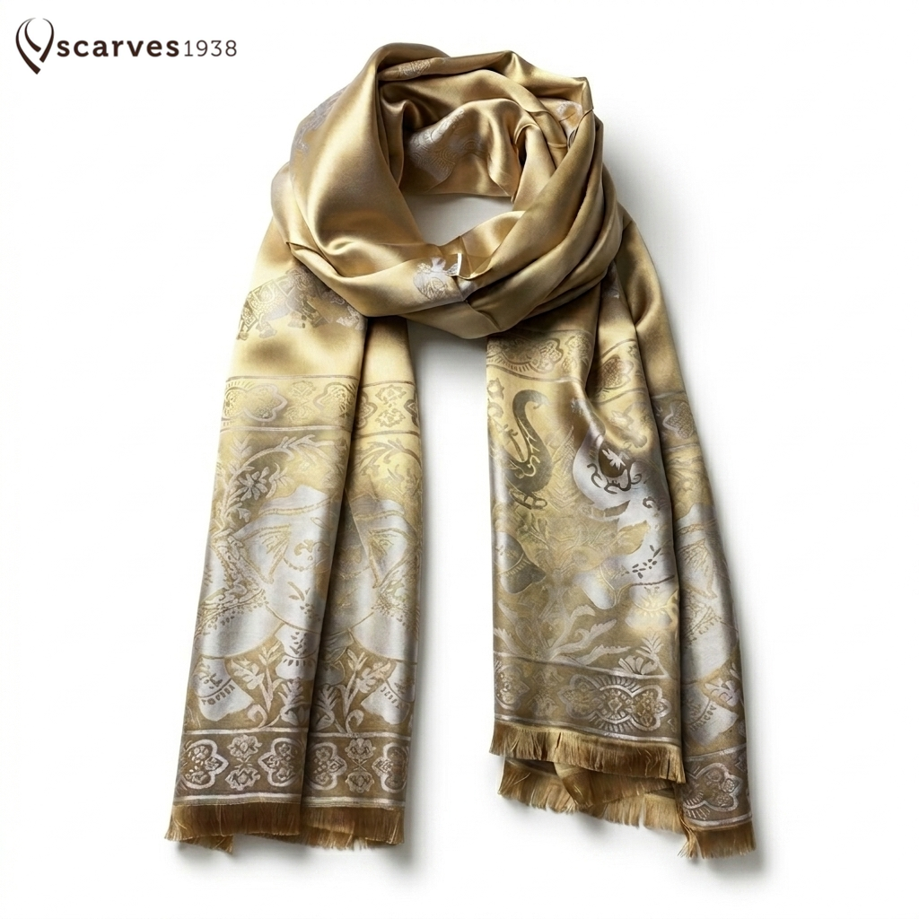 Gold & Silver Silk Scarf with Elephant | Bohemian Shawl | Handmade Gift for Elephant Lovers