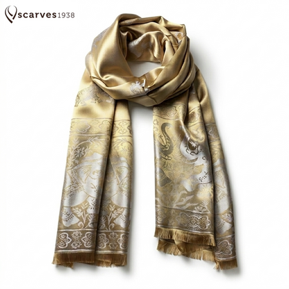 Gold & Silver Silk Scarf with Elephant | Bohemian Shawl | Handmade Gift for Elephant Lovers