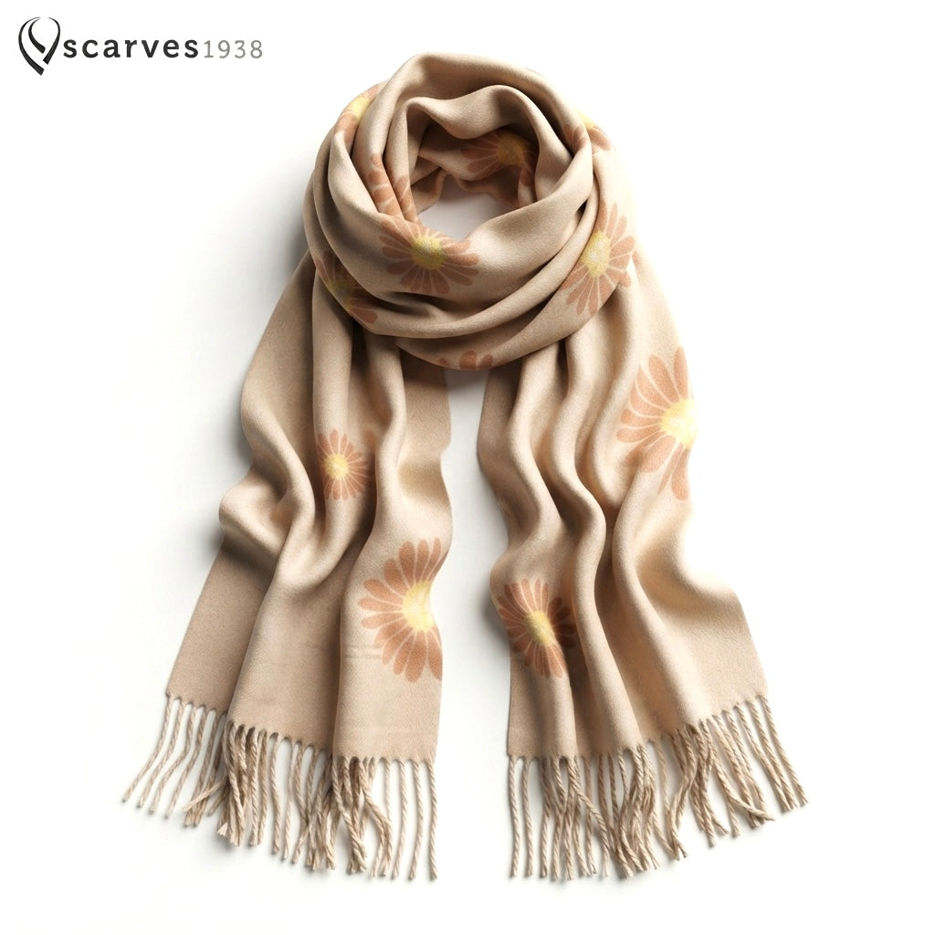Elegant Floral Cashmere Scarf – Premium Sand Colored Wrap