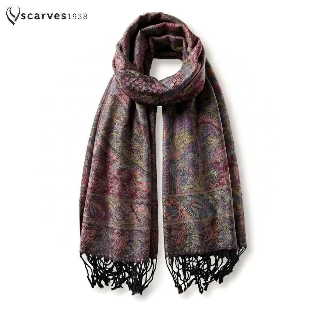 Colorful Pashmina Scarf - Black Fringes - Ethnic Paisley shawl - Festival accessories