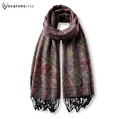 Colorful Pashmina Scarf - Black Fringes - Ethnic Paisley shawl - Festival accessories