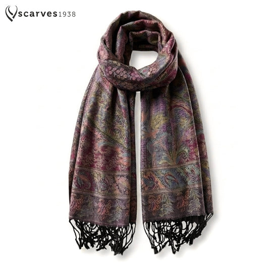 Colorful Pashmina Scarf - Black Fringes - Ethnic Paisley shawl - Festival accessories