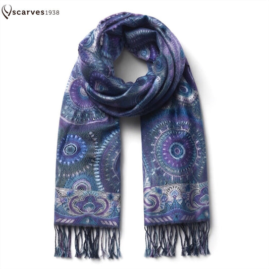 Blue & Purple Mandala Pashmina - Bohemian Festival Shawl - Unisex Hippie Circle Scarf