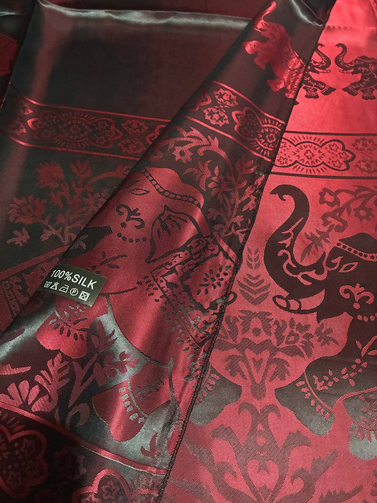 Reversible Burgundy & Black Silk Elephant Motif Scarf