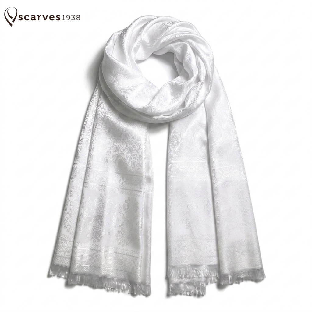 White Silk Scarf - Gift For Her - Reversible Paisley shawl