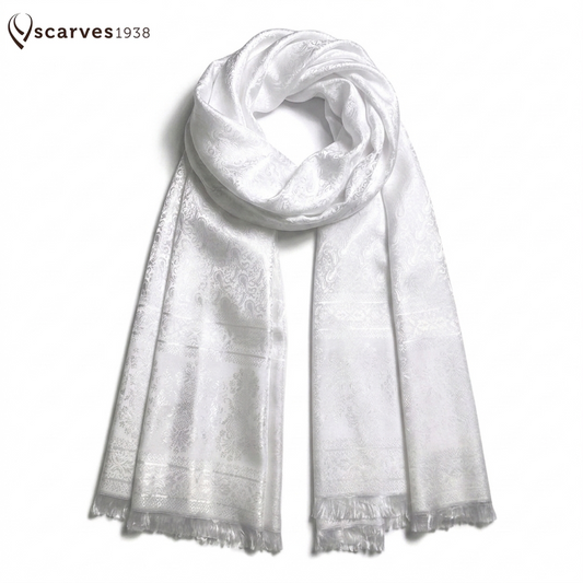 White Silk Scarf - Gift For Her - Reversible Paisley shawl