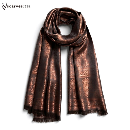 Copper Silk Scarf - Bronze Shaw For Her - Reversible Paisley Unisex
