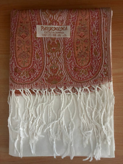 White Pashmina Scarf | Paisley Border Shawl | Bohemian Festival Wrap | Unisex Hippie Stole | Elegant Bridesmaid Gift | Scarves1938