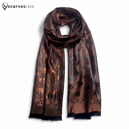 Bronze Elephants Silk Scarf - Elephant Lover - Bohemian Long Wrap - Elegant Bridal Gift