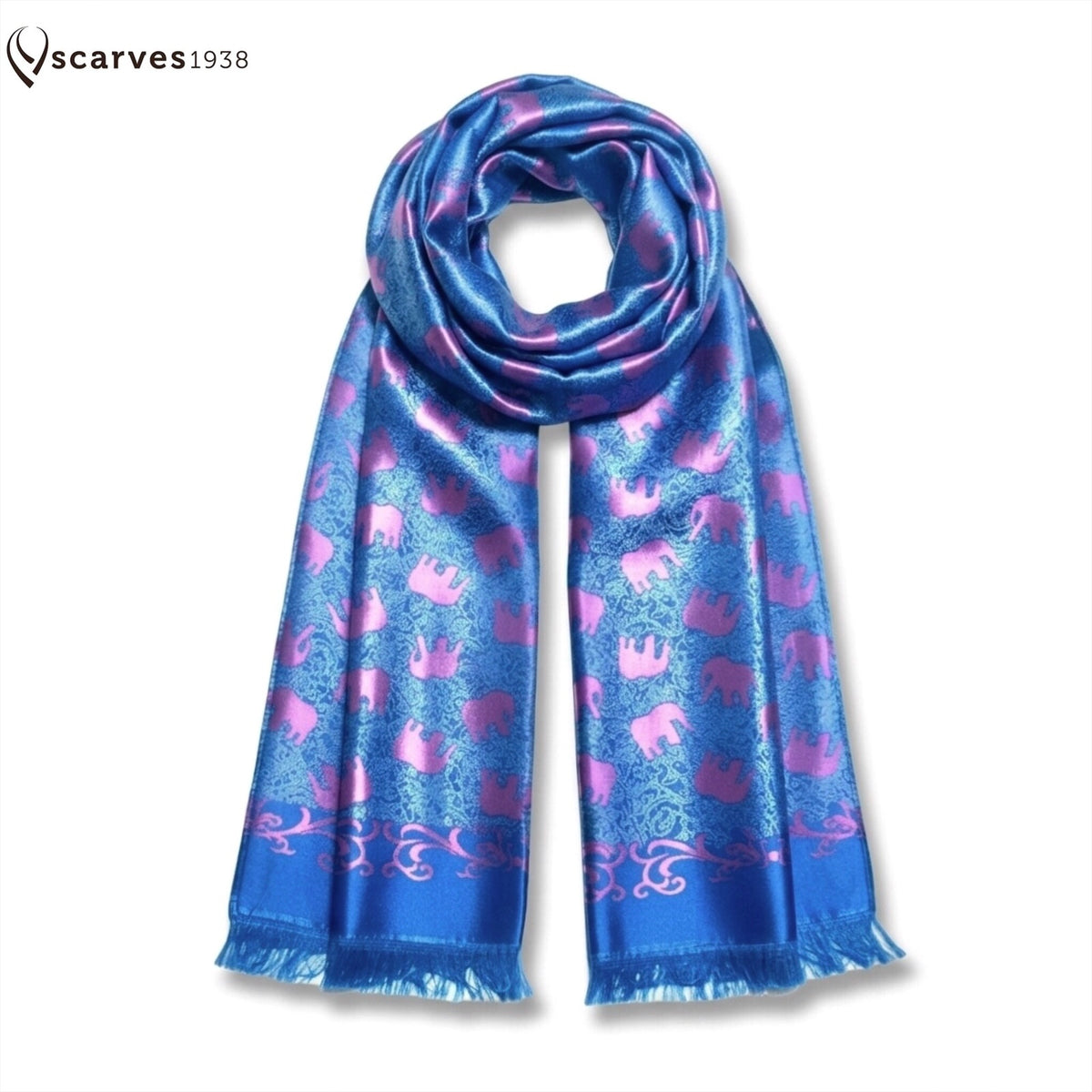 Vibrant Blue And Magenta Silk Scarf - Contrast Elephants Shawl - Rave Accessory