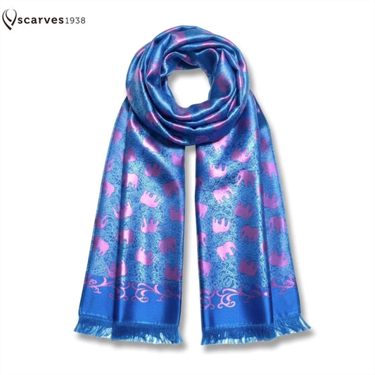 Vibrant Blue And Magenta Silk Scarf - Contrast Elephants Shawl - Rave Accessory