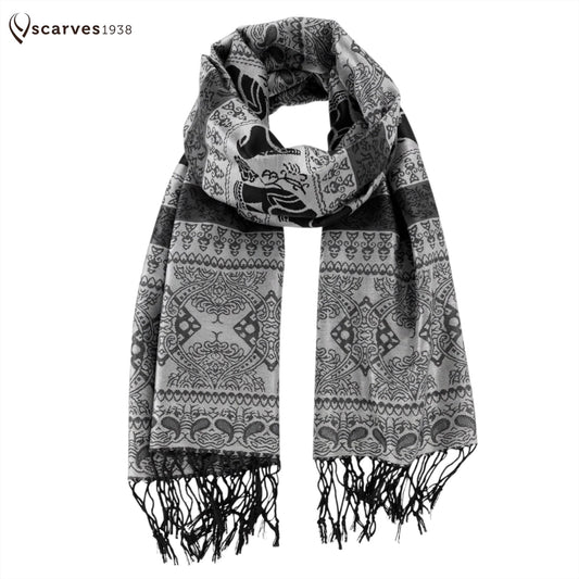 Gray Pashmina Scarf Elephant Head Wraps Tribal
