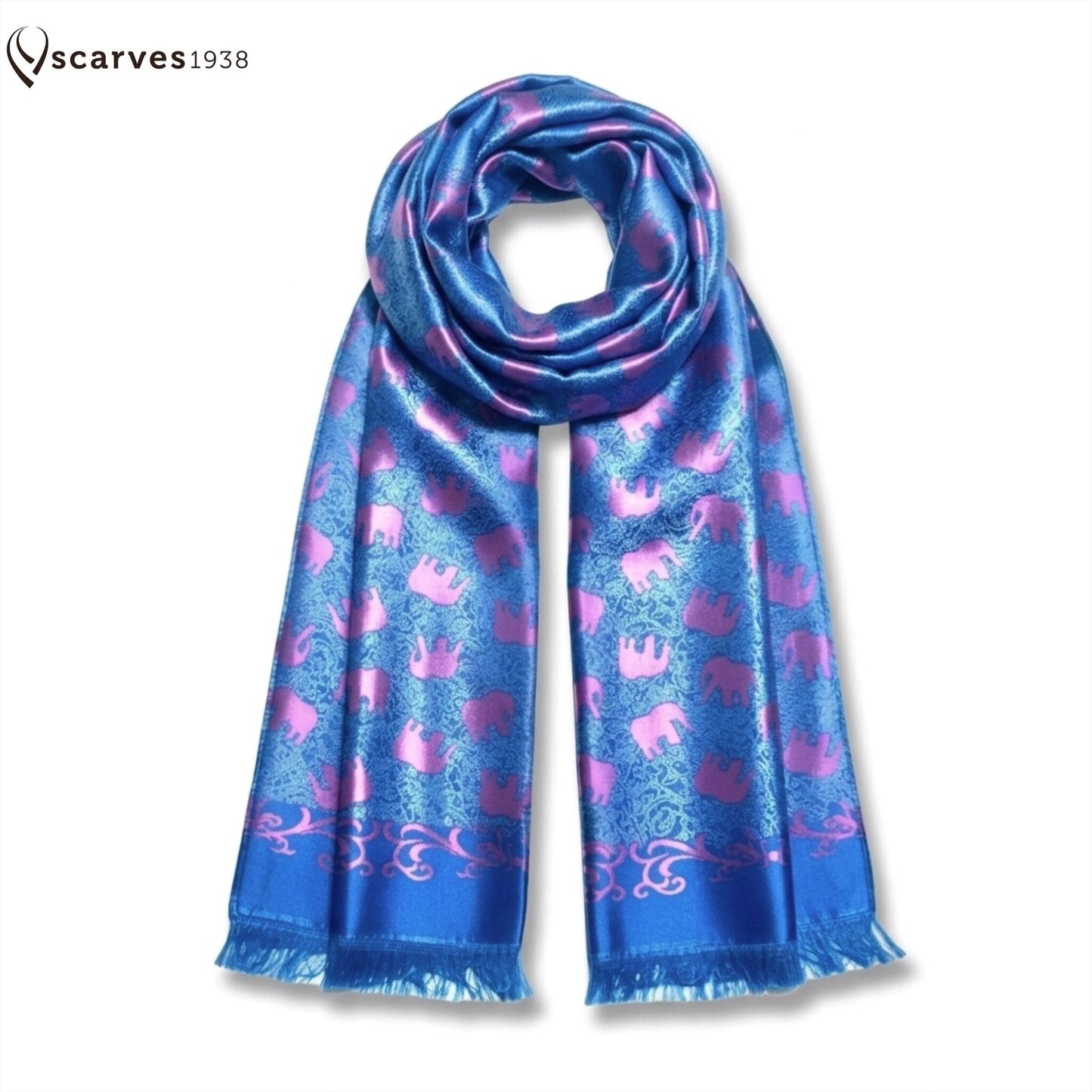 Vibrant Blue And Magenta Silk Scarf - Contrast Elephants Shawl - Rave Accessory