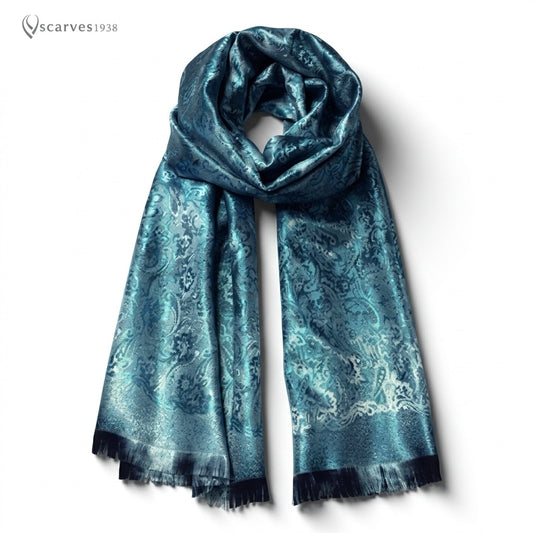 Blue Green Silk Flower Scarf - Gift For Her - Luxury Boho Stole