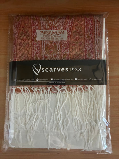 White Pashmina Scarf | Paisley Border Shawl | Bohemian Festival Wrap | Unisex Hippie Stole | Elegant Bridesmaid Gift | Scarves1938